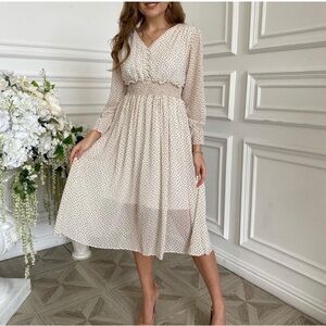 Sheer Dot 3/4 Sleeve Dress Cream and Brown